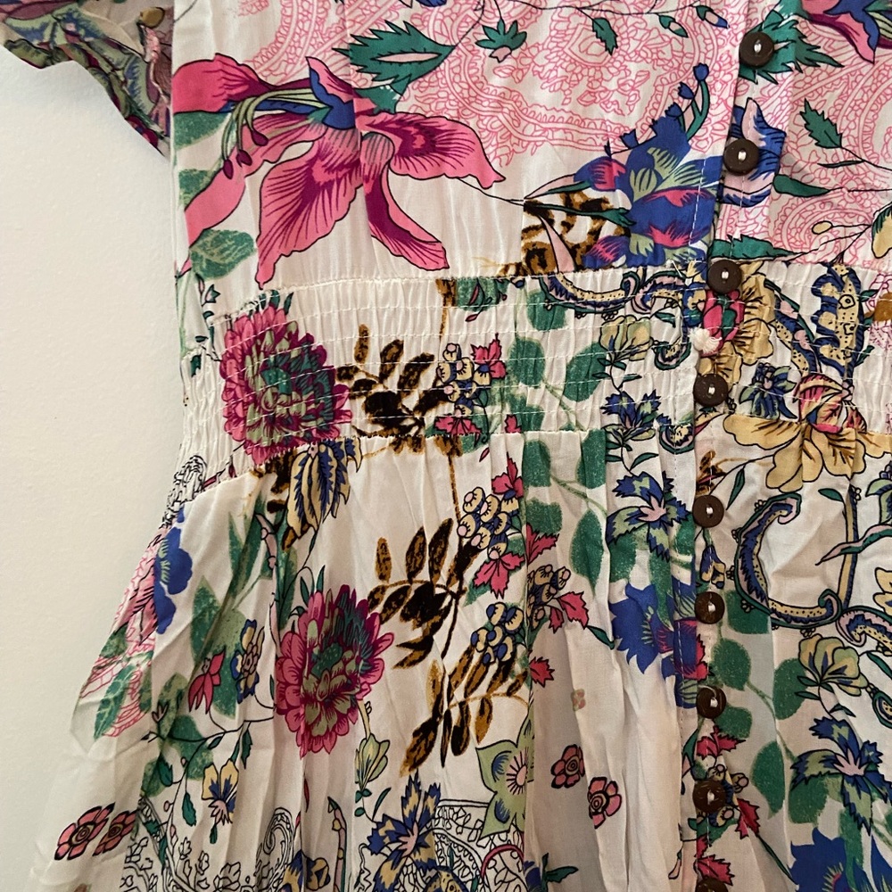 Colorful White, Pink & Green Button-Up Dress